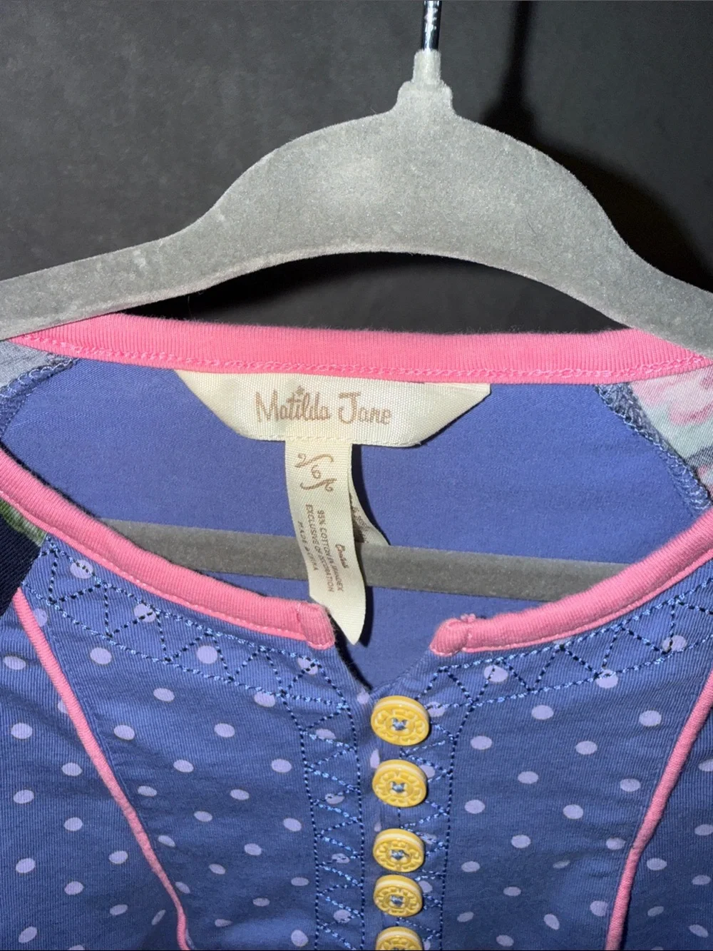 Matilda Jane Purple Polka Dot Long Sleeve Shirt with Navy Floral Sleeves